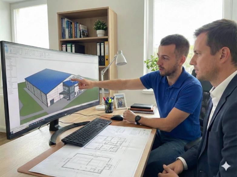 Návrh oceľovej haly v kancelárii DFD Industrial